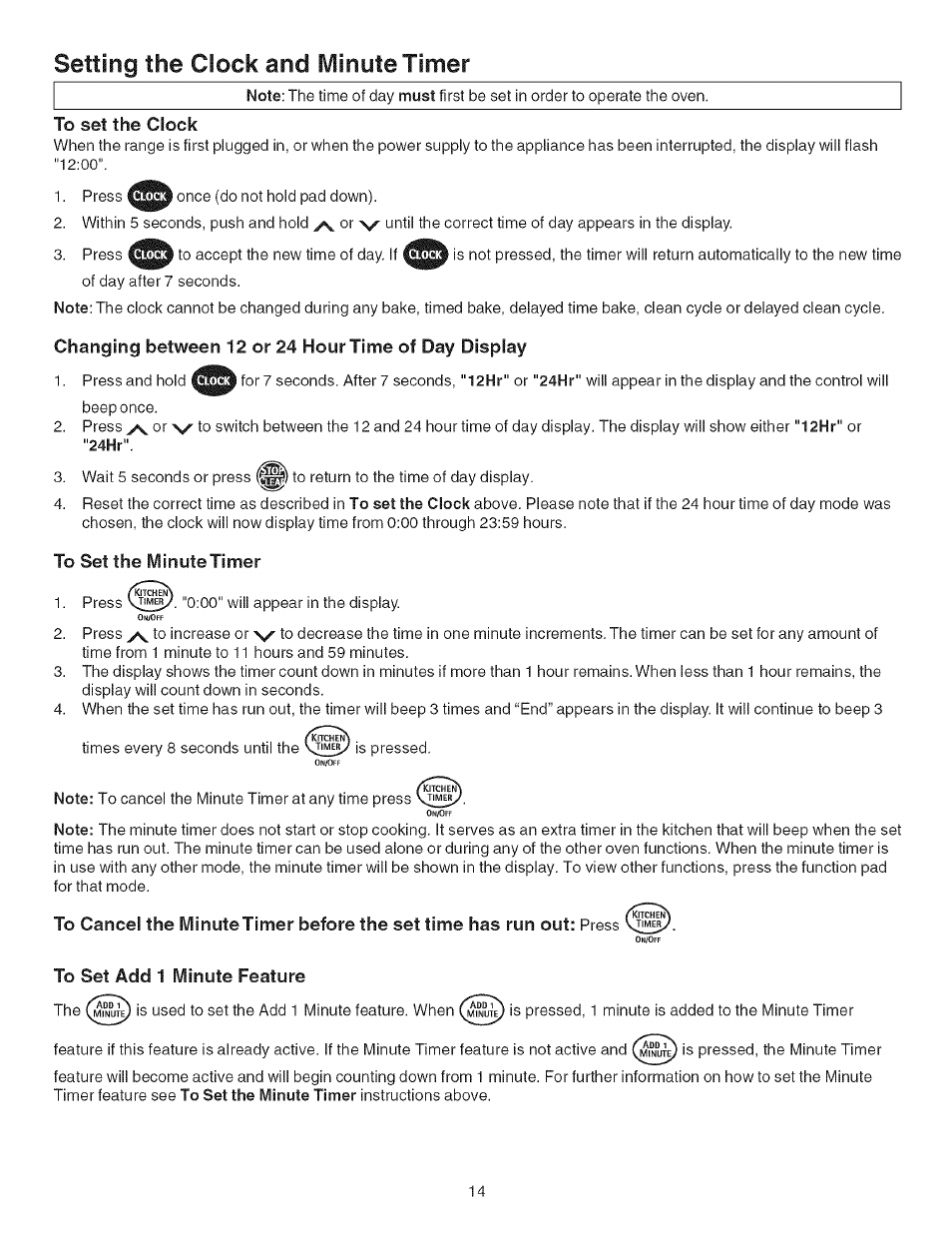 Setting the clock and iviinute timer, Changing between 12 or 24 hour time of day display | Kenmore 790.754 User Manual | Page 14 / 30