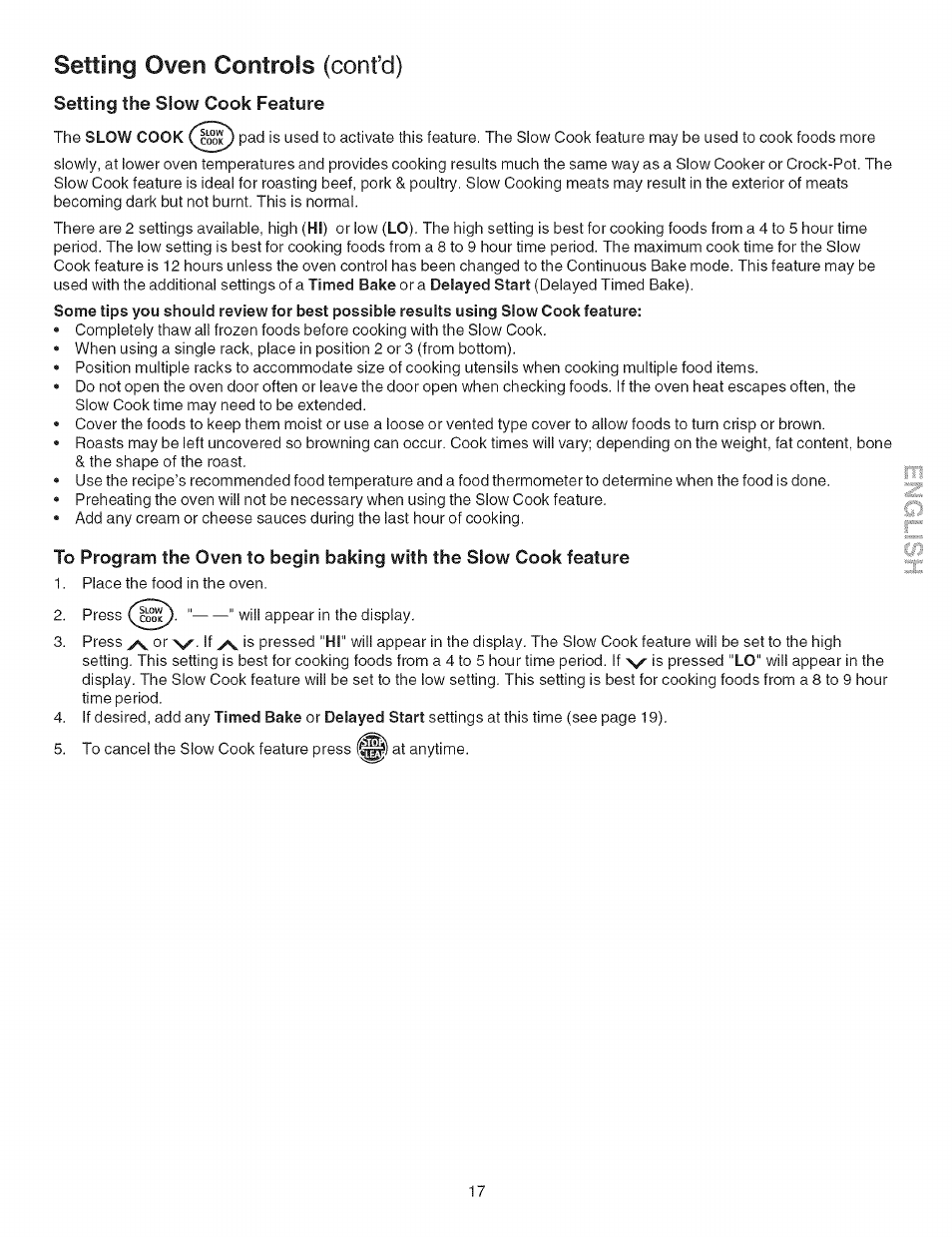 Setting the slow cook feature, Setting oven controls (cont’d) | Kenmore 790.754 User Manual | Page 17 / 30