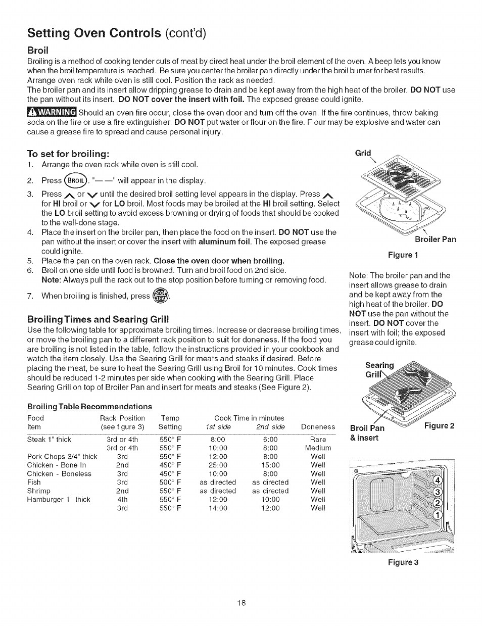 Broil, A warning, To set for broiling | Broiling times and searing grill, Broiling table recommendations, Setting oven controls (confd) | Kenmore 790.754 User Manual | Page 18 / 30