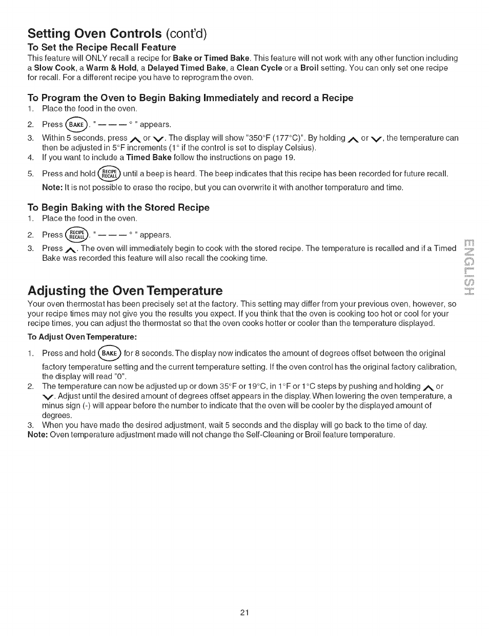 To set the recipe recall feature, To begin baking with the stored recipe, Adjusting the oven temperature | Adjusting oven temperature, Setting oven controls (cont’d) | Kenmore 790.754 User Manual | Page 21 / 30