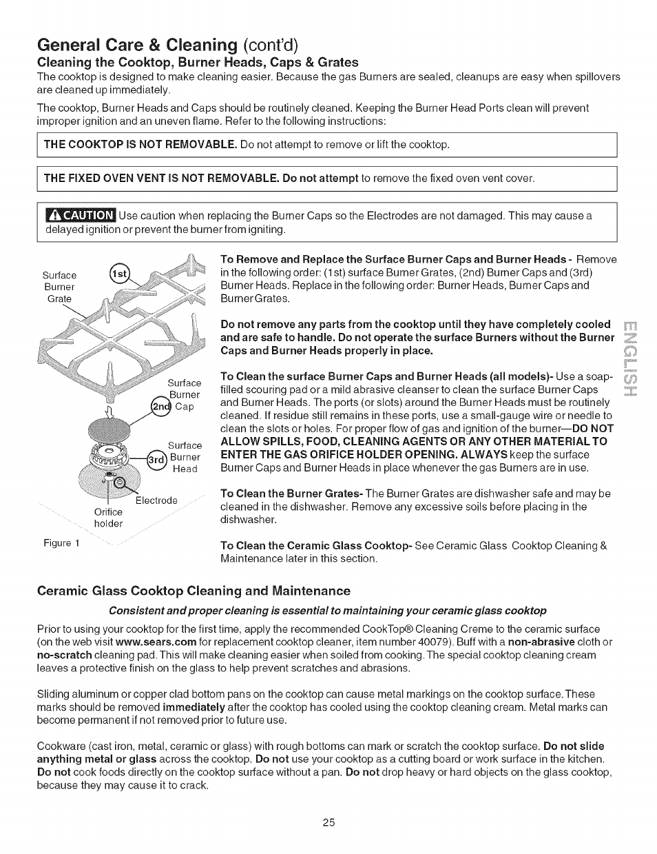 Cleaning the cooktop, burner heads, caps & grates, A caution, Ceramic glass cooktop cleaning and maintenance | General care & cleaning (cont’d) | Kenmore 790.754 User Manual | Page 25 / 30