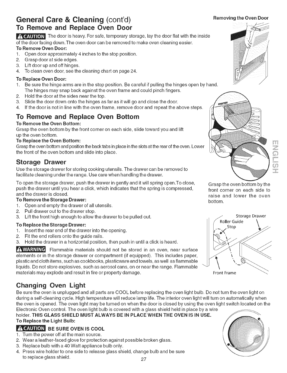 To remove and replace oven bottom, Storage drawer, Changing oven light | Ptssjssni be sure oven is cool, General care & cleaning (confd) | Kenmore 790.754 User Manual | Page 27 / 30