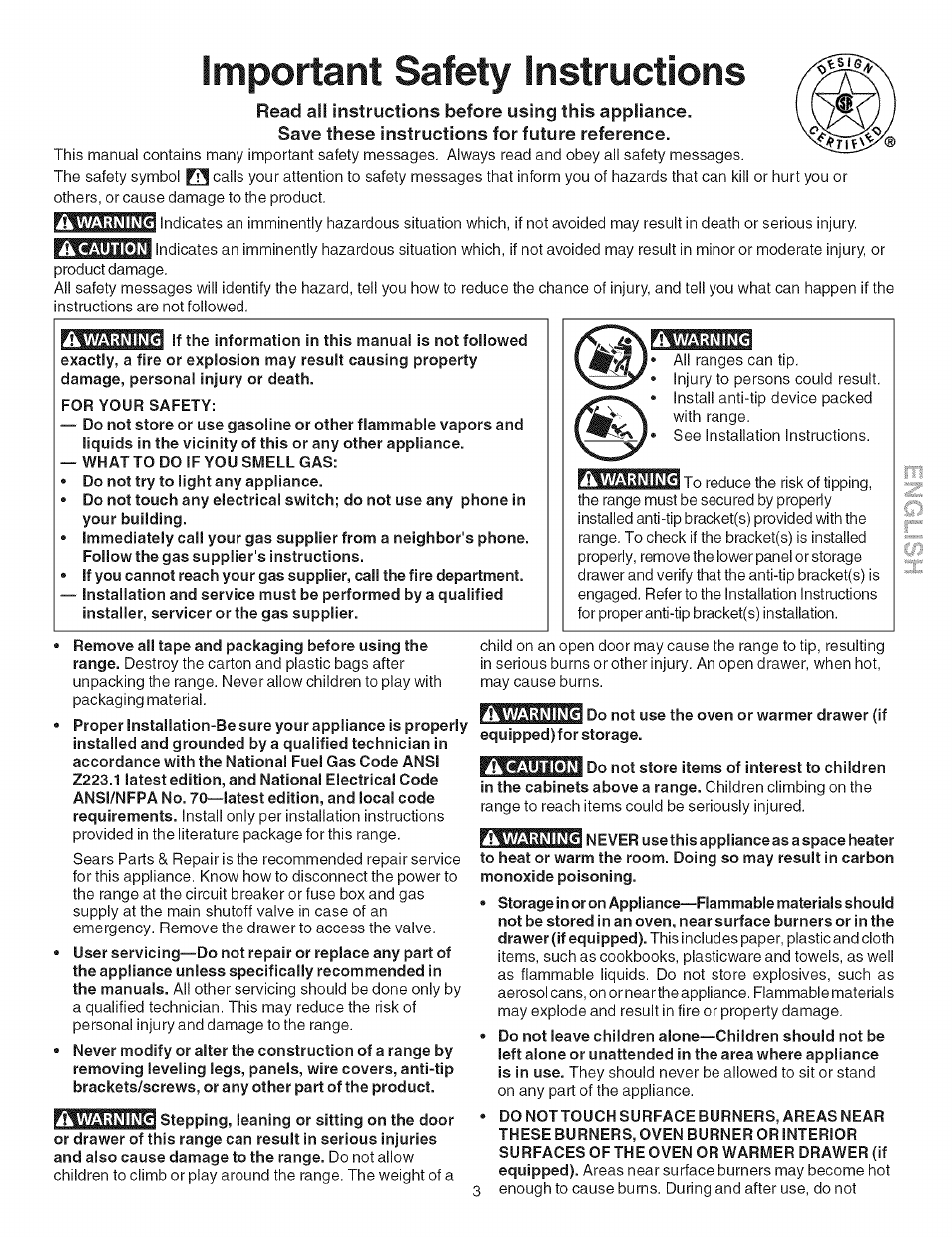 Save these instructions for future reference, Important safety instructions | Kenmore 790.754 User Manual | Page 3 / 30