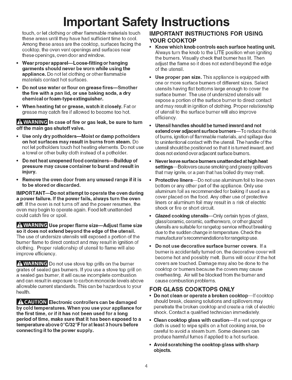 Important instructions for using your cooktop, Do not use decorative surface burner covers. if a, For glass cooktops only | Important safety instructions | Kenmore 790.754 User Manual | Page 4 / 30