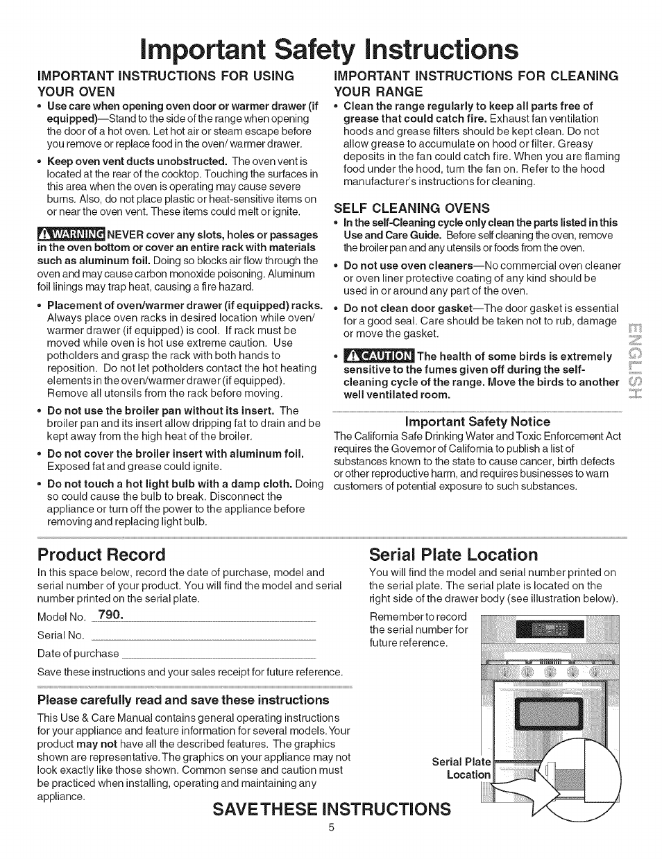 Do not cover the broiler insert with aluminum foil, Product record, Important safety instructions | Serial plate location, Savethese lisistructions | Kenmore 790.754 User Manual | Page 5 / 30