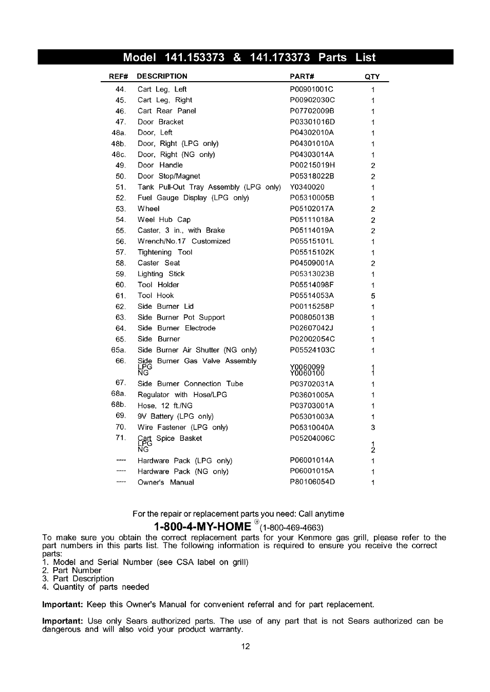 800-4-my-home | Kenmore 141.173373 User Manual | Page 12 / 43