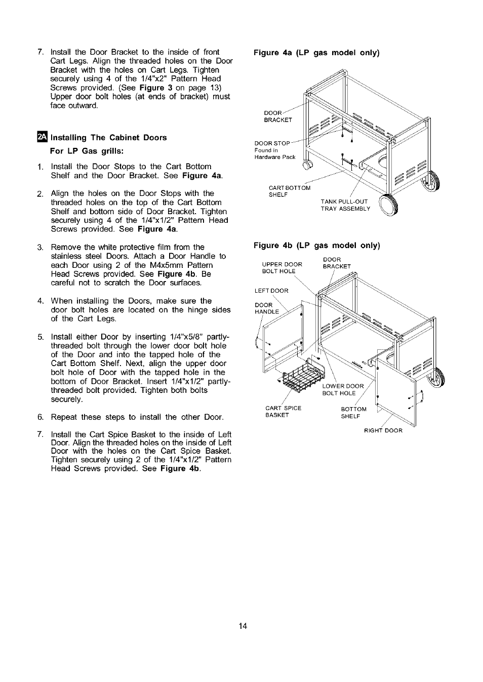 Installing the cabinet doors for lp gas grills | Kenmore 141.173373 User Manual | Page 14 / 43