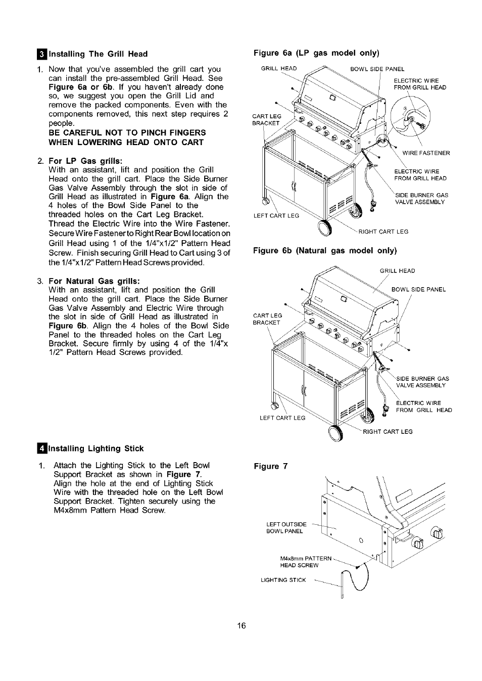 For lp gas grills, For natural gas grills, Jlnstalling lighting stick | Kenmore 141.173373 User Manual | Page 16 / 43