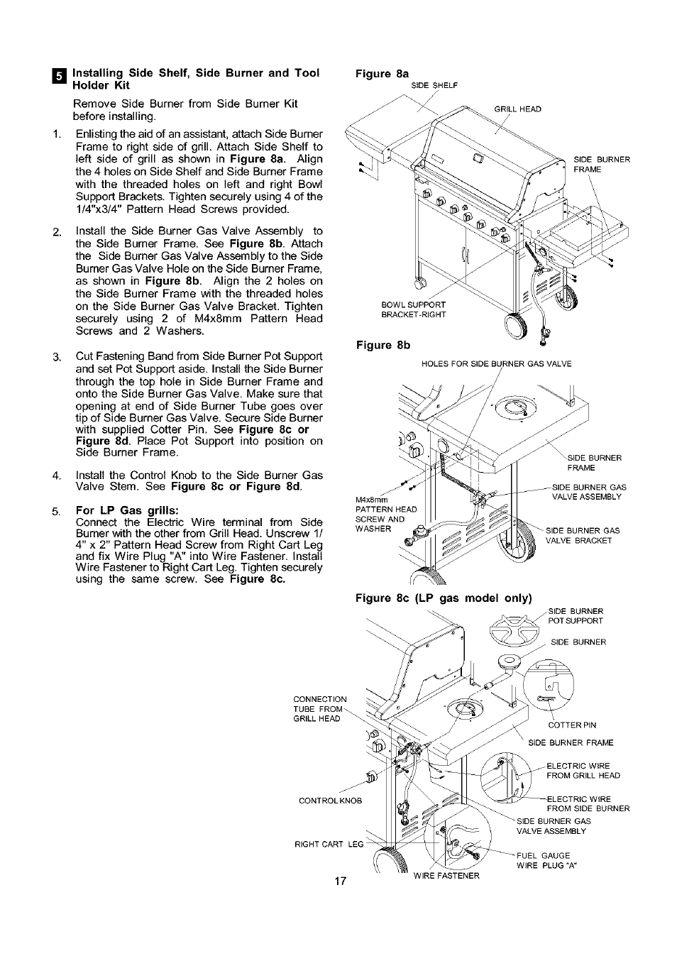 B installing side shelf, side burner and tool, For lp gas grills | Kenmore 141.173373 User Manual | Page 17 / 43