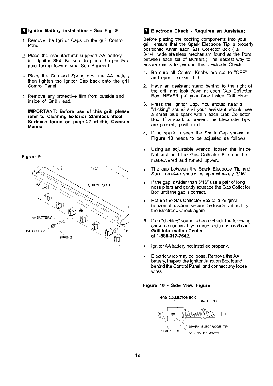 Ignitor battery installation • see fig. 9, Electrode check - requires an assistant | Kenmore 141.173373 User Manual | Page 19 / 43