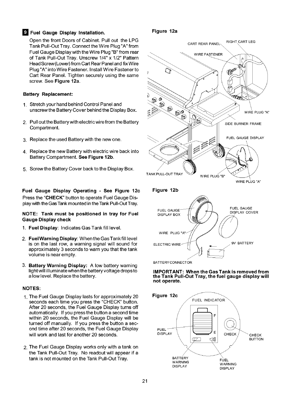 Q fuel gauge display installation, Battery replacement, Fuel gauge display operating - see figure 12c | Note: tank must be positioned in tray for fuel, Notes | Kenmore 141.173373 User Manual | Page 21 / 43