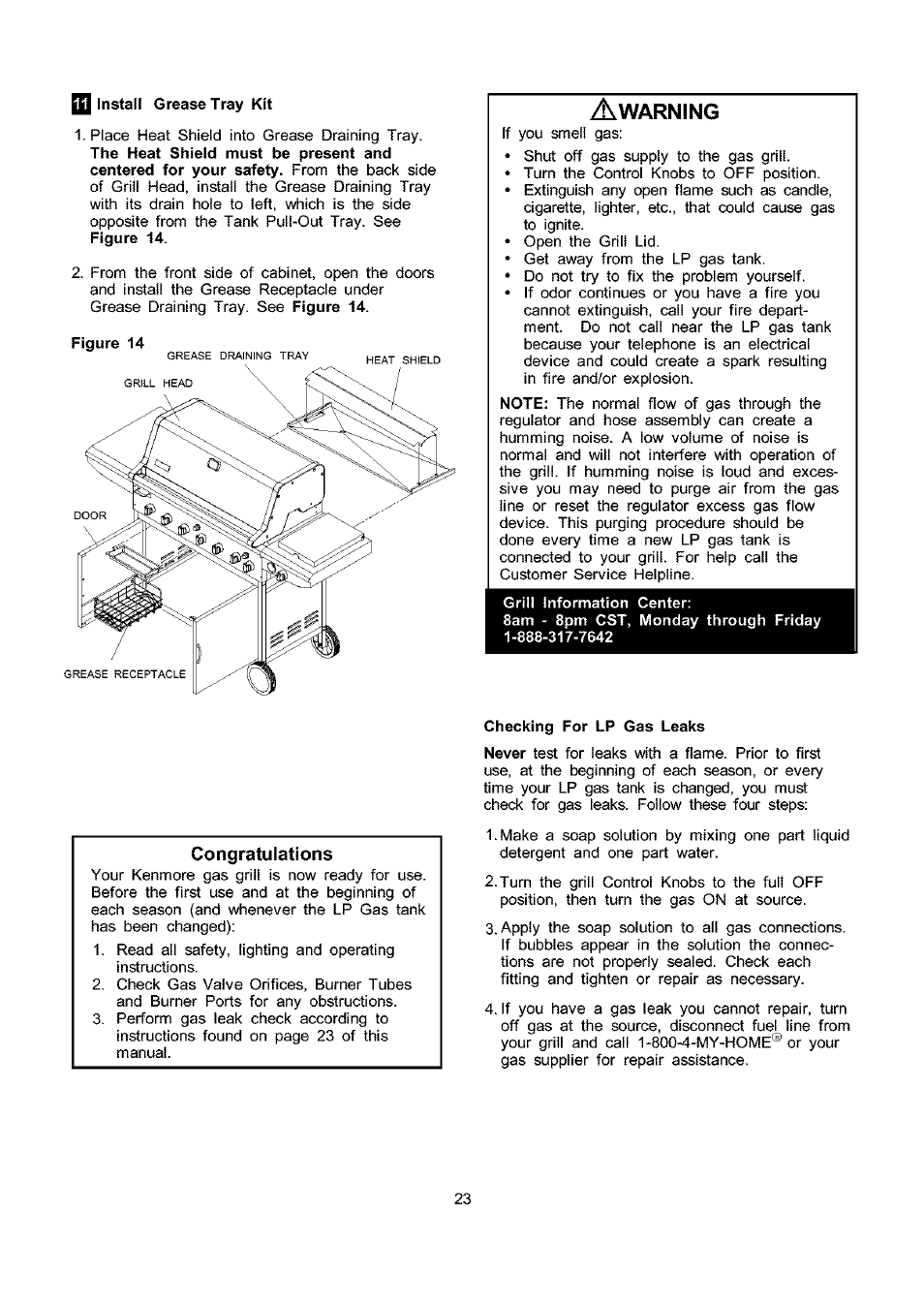 Q instali grease tray kit, Grill information center, Checking for lp gas leaks | Kenmore 141.173373 User Manual | Page 23 / 43