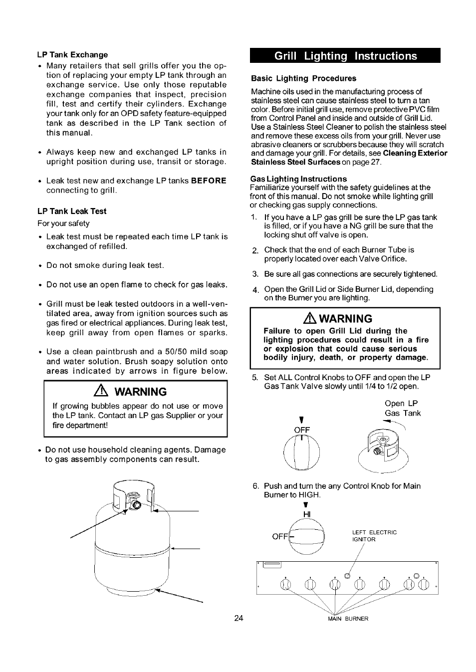 Lp tank exchange, Lp tank leak test, Grill lighting instructions | Basic lighting procedures, Gas lighting instructions, A warning, Warning | Kenmore 141.173373 User Manual | Page 24 / 43