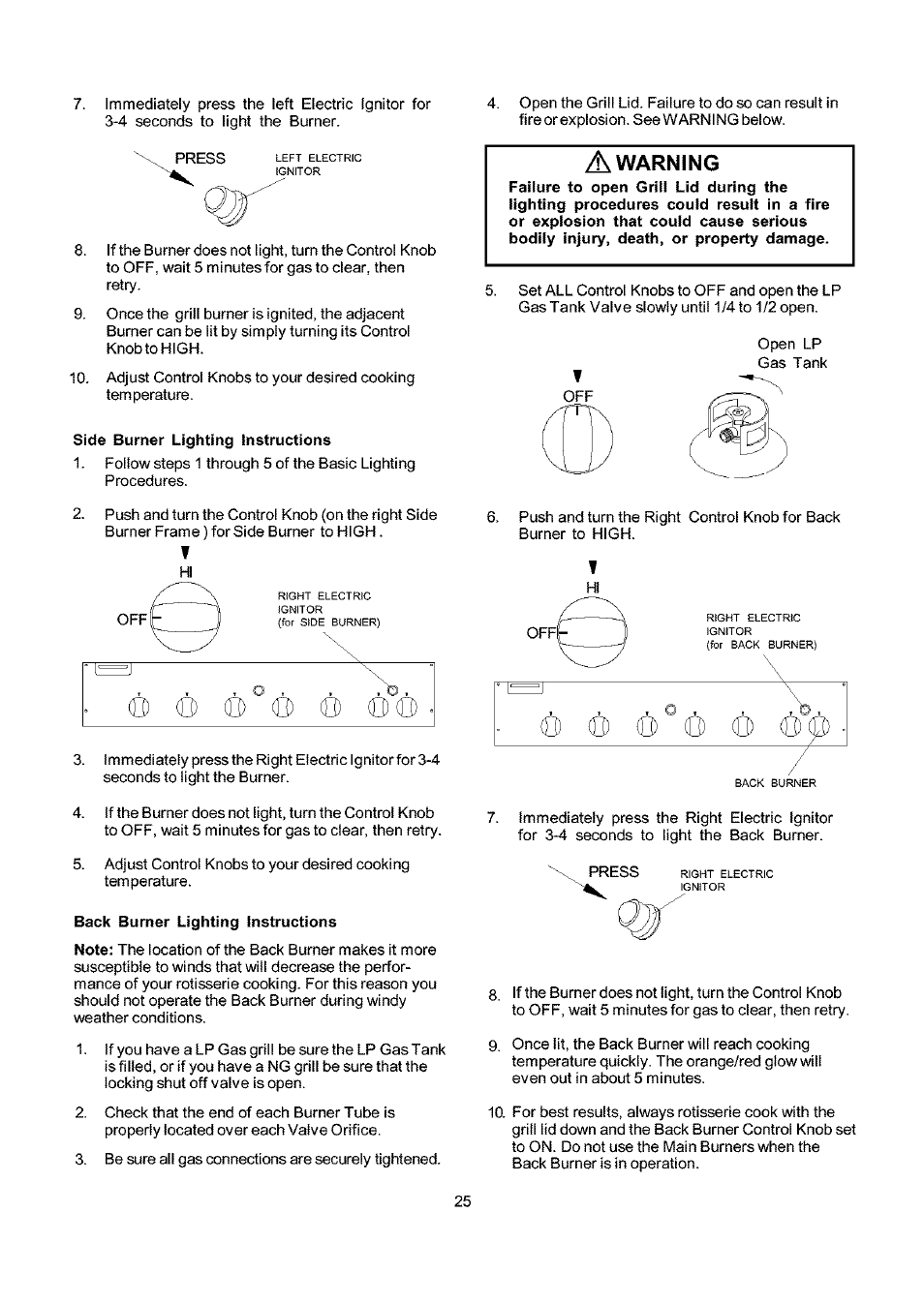 Side burner lighting instructions, Back burner lighting instructions, Warning | Kenmore 141.173373 User Manual | Page 25 / 43