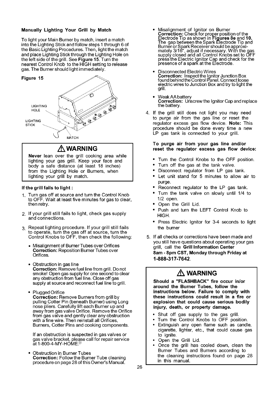 If the grill fails to light, Warning | Kenmore 141.173373 User Manual | Page 26 / 43