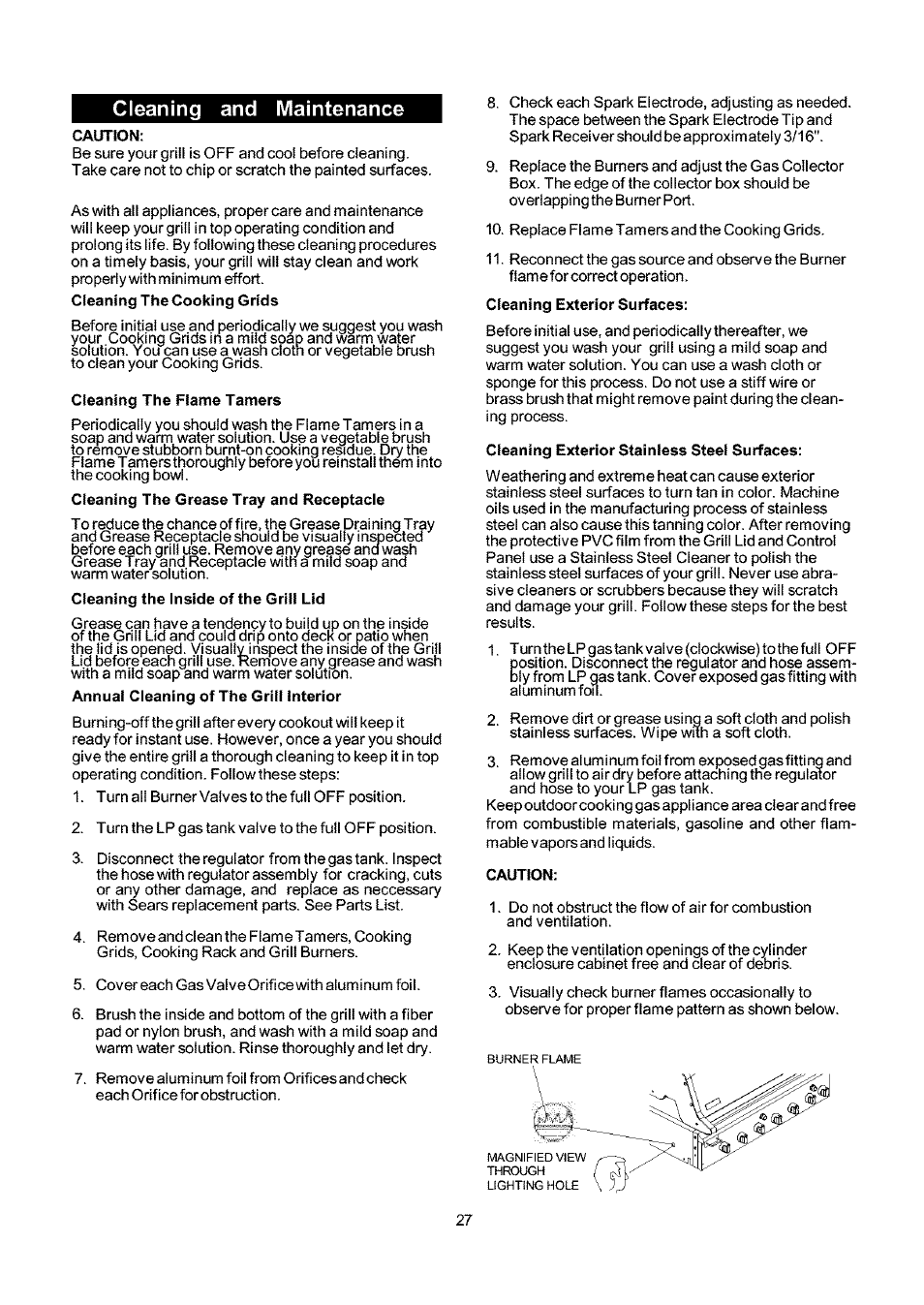 Cleaning and maintenance, Caution, Cleaning the flame tamers | Cleaning exterior stainless steel surfaces | Kenmore 141.173373 User Manual | Page 27 / 43