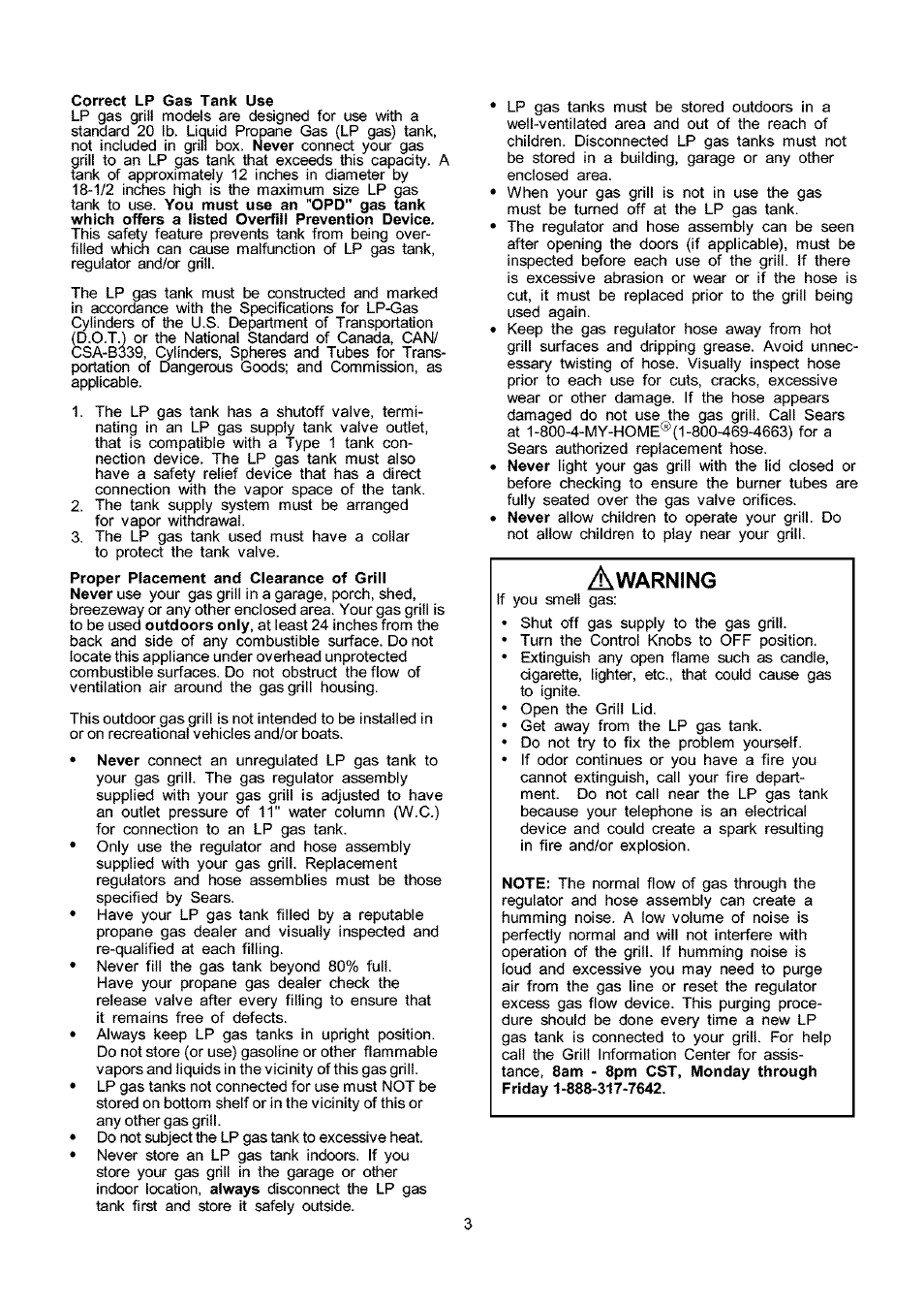 Correct lp gas tank use, Never | Kenmore 141.173373 User Manual | Page 3 / 43