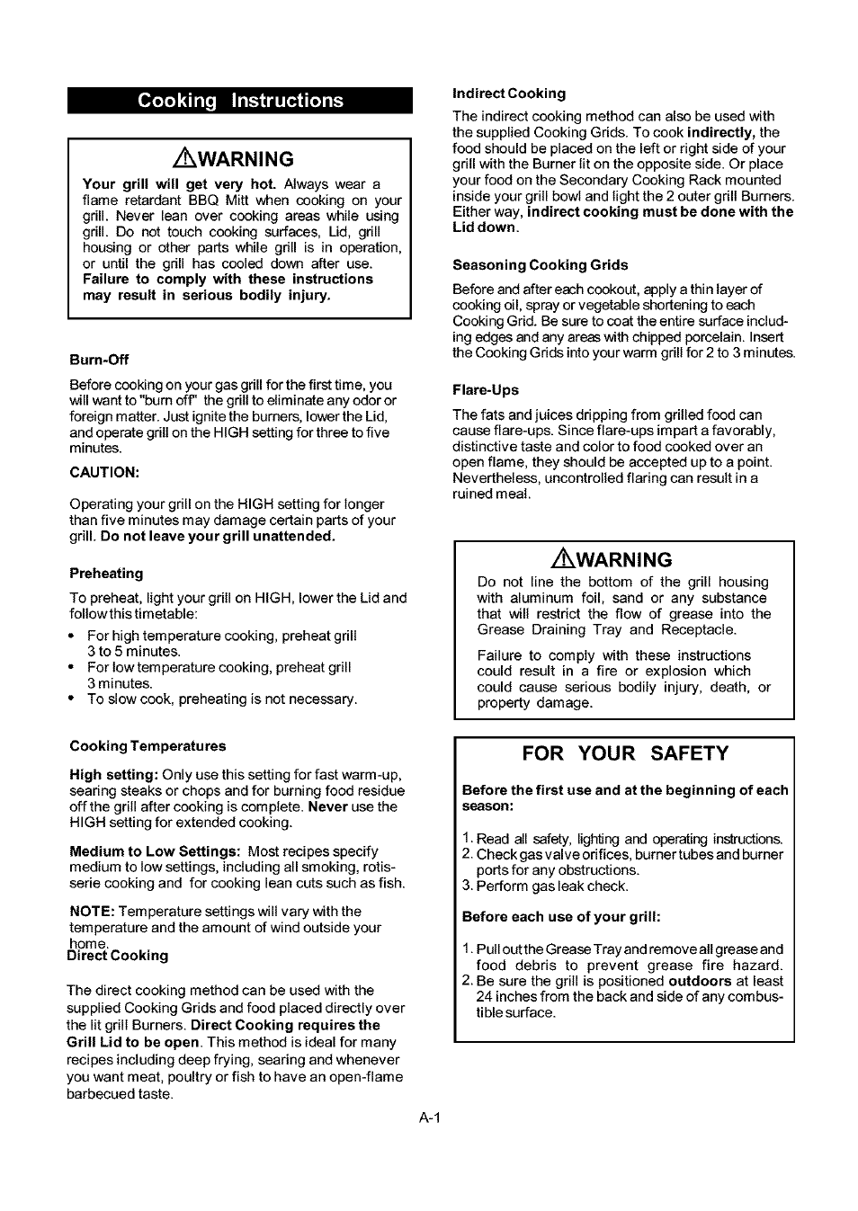 Cooking instructions, Burn-off, Caution | Preheating, Indirect cooking, Seasoning cooking grids, Flare-ups, Cooking temperatures, Cooking instructions a, For your safety | Kenmore 141.173373 User Manual | Page 30 / 43