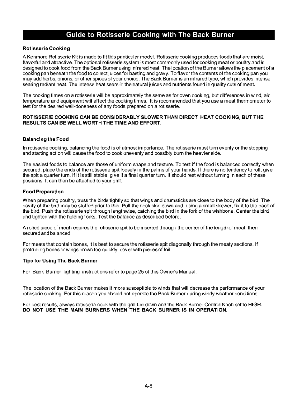 Guide to rôtisserie cooking with the back burner, Rôtisserie cooking, Balancing the food | Food preparation, Tips for using the back burner | Kenmore 141.173373 User Manual | Page 34 / 43