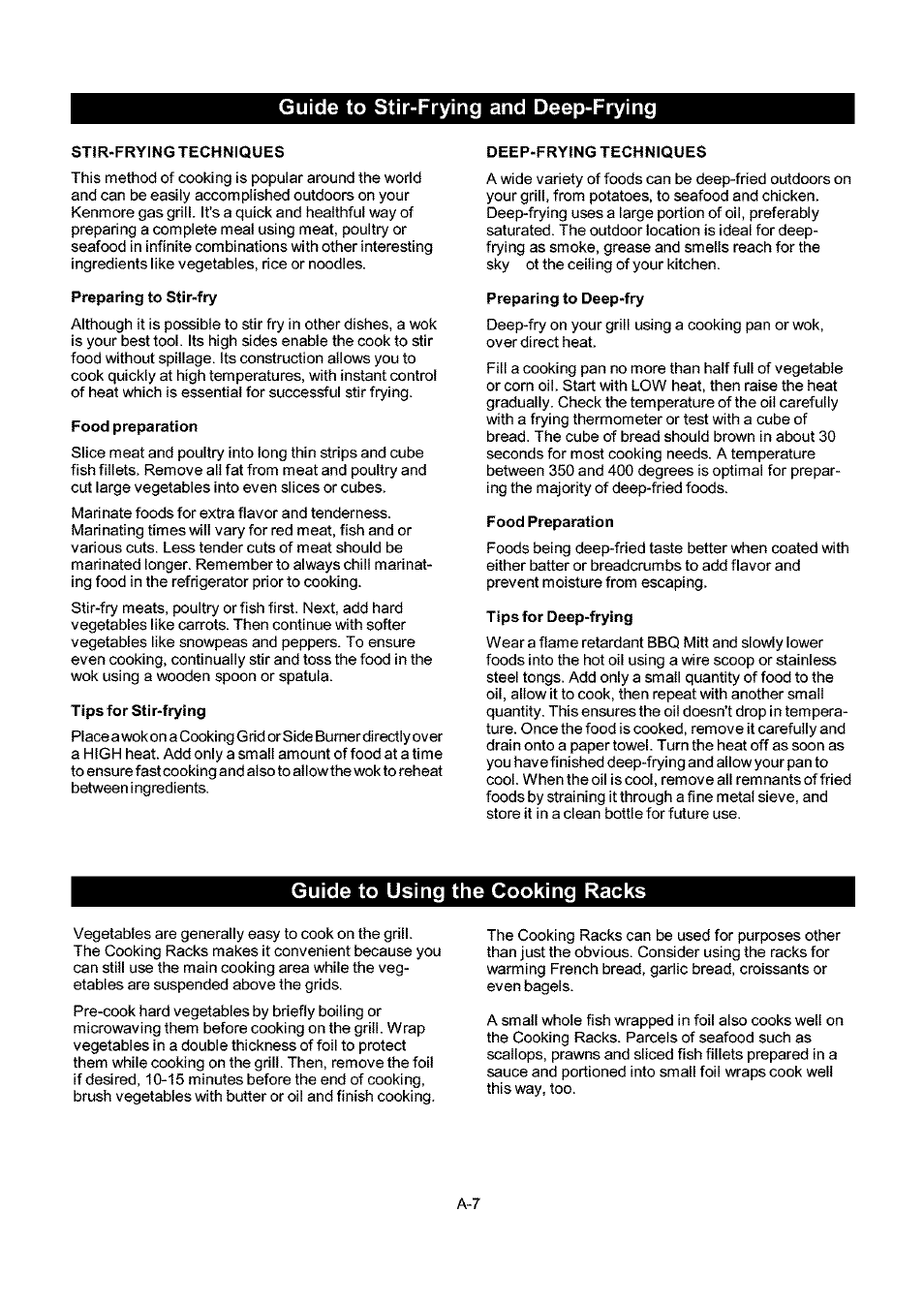 Guide to stir-frying and deep-frying, Stir-fryingtechniques, Preparing to stir-fry | Food preparation, Tips for stir-frying, Deep-frying techniques, Preparing to deep-fry, Tips for deep-frying, Guide to using the cooking racks | Kenmore 141.173373 User Manual | Page 36 / 43