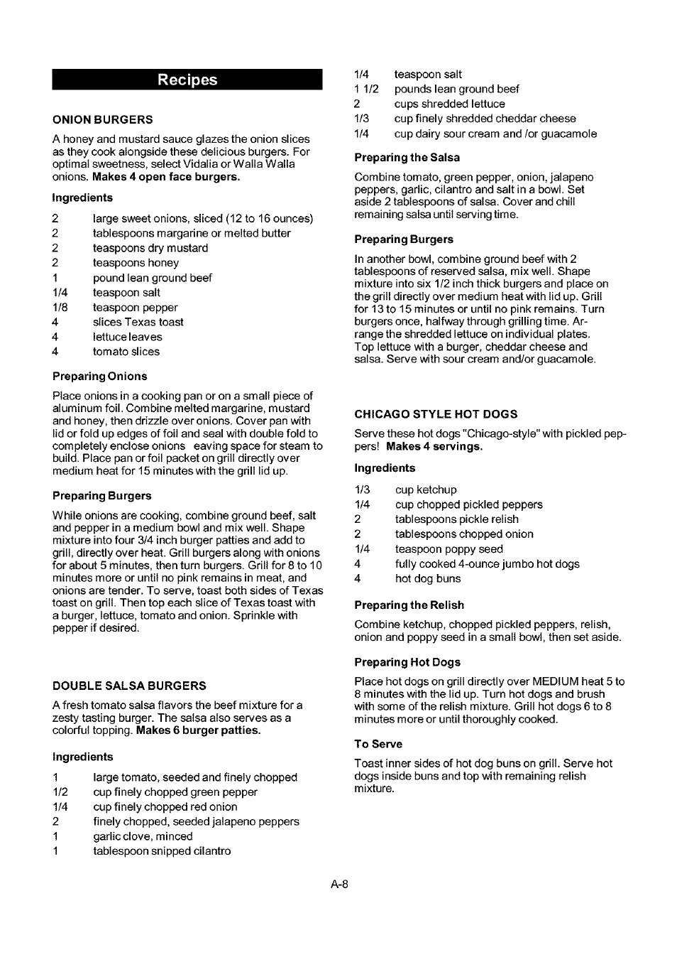 Recipes, Onion burgers, Preparing onions | Preparing burgers, Double salsa burgers, Ingredients, Preparing the salsa, Chicago style hot dogs, Preparing the relish, Preparing hot dogs | Kenmore 141.173373 User Manual | Page 37 / 43