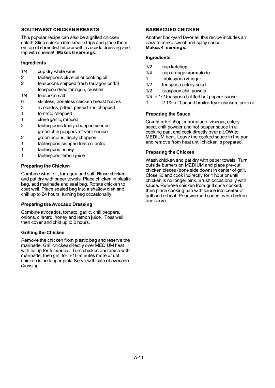 Ingredients, Preparing the chicken, Preparing the avocado dressing | Grilling the chicken, Preparing the sauce | Kenmore 141.173373 User Manual | Page 40 / 43