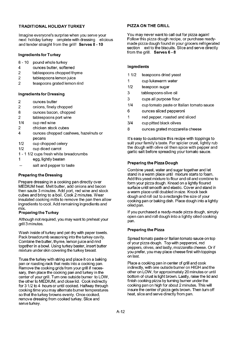 Ingredients for turkey, Ingredients for dressing, Preparing the dressing | Ingredients, Preparing the pizza dough, Preparing the pizza | Kenmore 141.173373 User Manual | Page 41 / 43