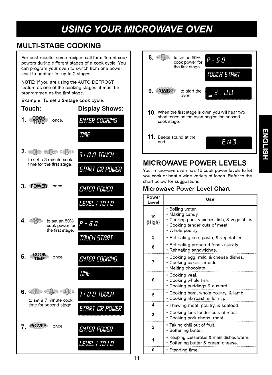 Touch, Cook, Time | Display shows, Microwave power level chart, Using your microwave oven, Multi-stage cooking, Microwave power levels | Kenmore HORNO DE MICROONDAS 721.61283 User Manual | Page 11 / 21