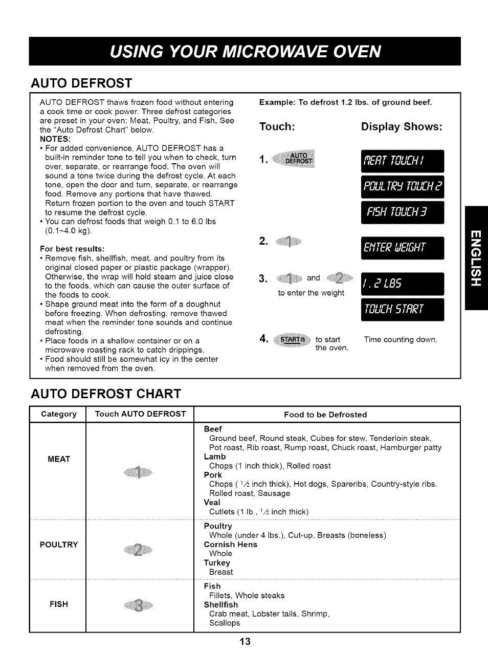 Notes, For best results, Example: to defrost 1.2 lbs. of ground beef | Touch: display shows, Using your microwave oven, Auto defrost, Auto defrost chart | Kenmore HORNO DE MICROONDAS 721.61283 User Manual | Page 13 / 21