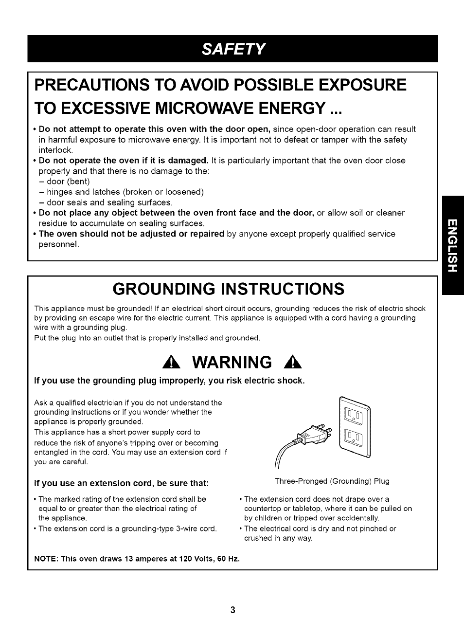 Safety, Grounding instructions, Warning | Kenmore HORNO DE MICROONDAS 721.61283 User Manual | Page 3 / 21