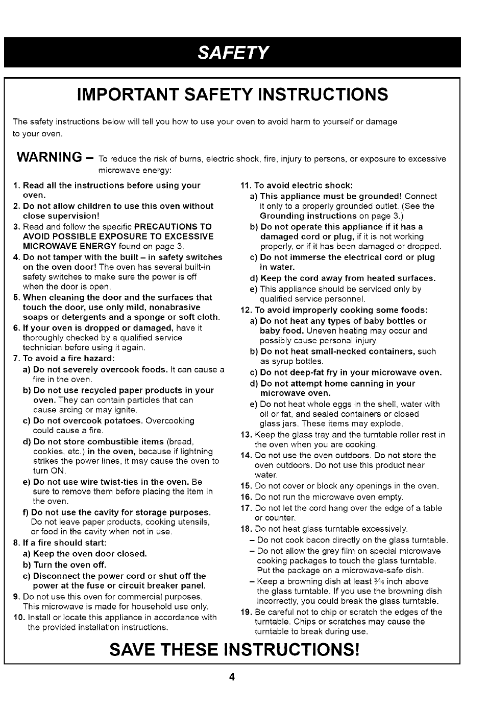 Read all the instructions before using your oven, To avoid a fire hazard, If a fire should start | To avoid electric shock, To avoid improperly cooking some foods, Safety, Important safety instructions, Save these instructions, Warning | Kenmore HORNO DE MICROONDAS 721.61283 User Manual | Page 4 / 21