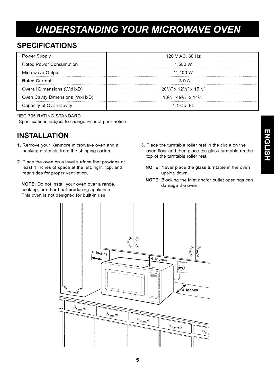 Understanding your microwave oven, Specifications, Installation | Kenmore HORNO DE MICROONDAS 721.61283 User Manual | Page 5 / 21