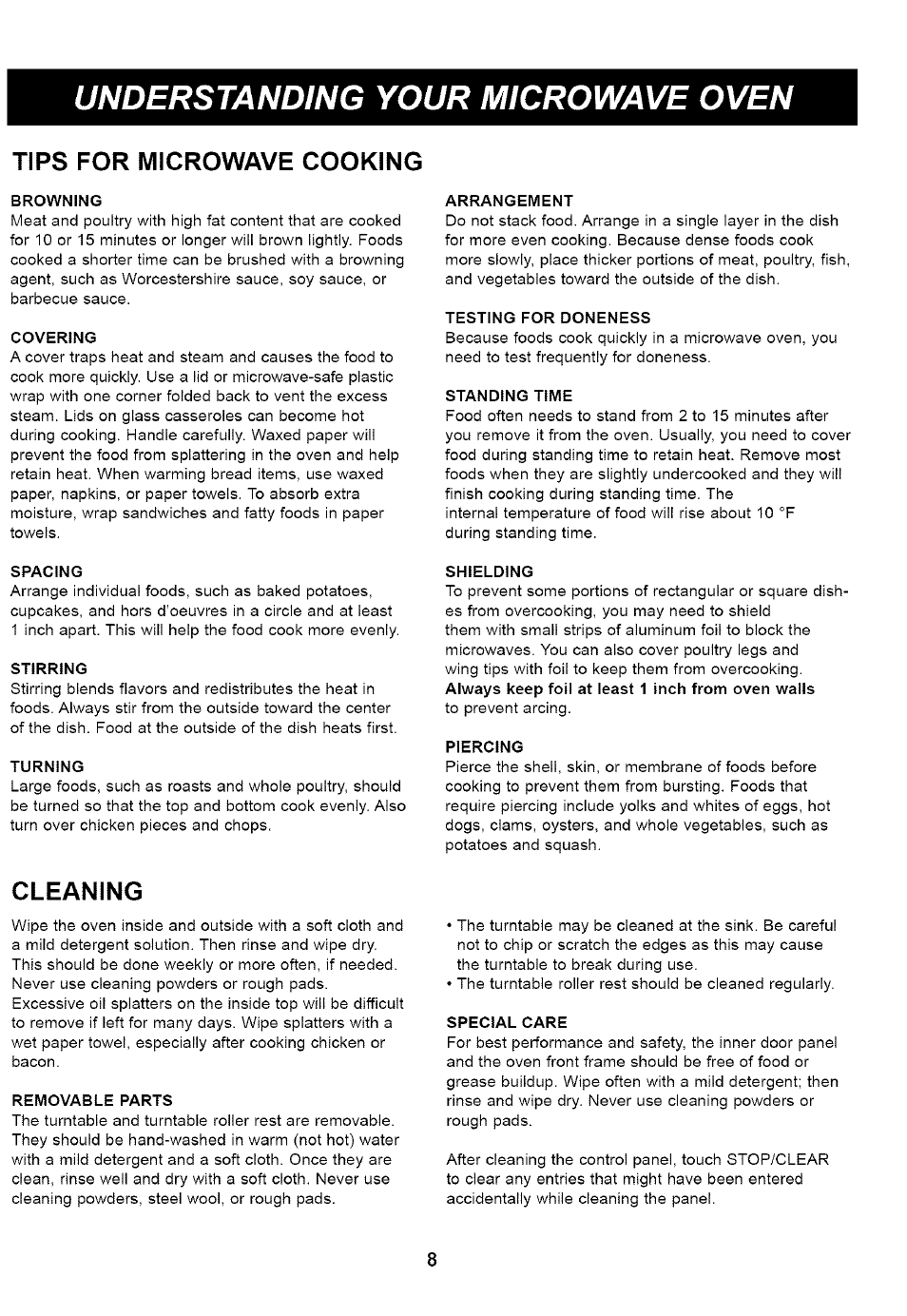 Browning, Covering, Arrangement | Testing for doneness, Standing time, Spacing, Stirring, Turning, Shielding, Piercing | Kenmore HORNO DE MICROONDAS 721.61283 User Manual | Page 8 / 21