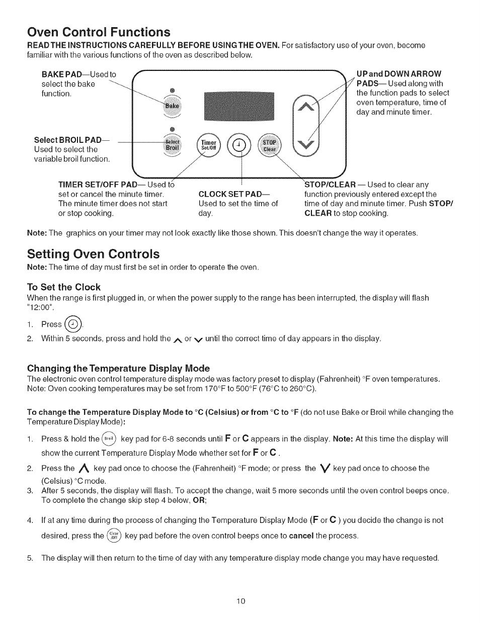 Oven control functions, To set the clock, Changing the temperature display mode | Oven, Setting, Controls | Kenmore 790.4626 User Manual | Page 10 / 22