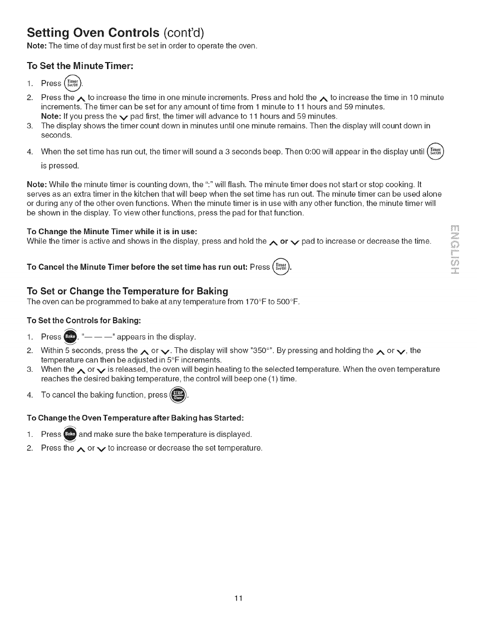 Setting oven controls (confd), To set the minute timer, To set or change the temperature for baking | Setting the oven controls -14 | Kenmore 790.4626 User Manual | Page 11 / 22