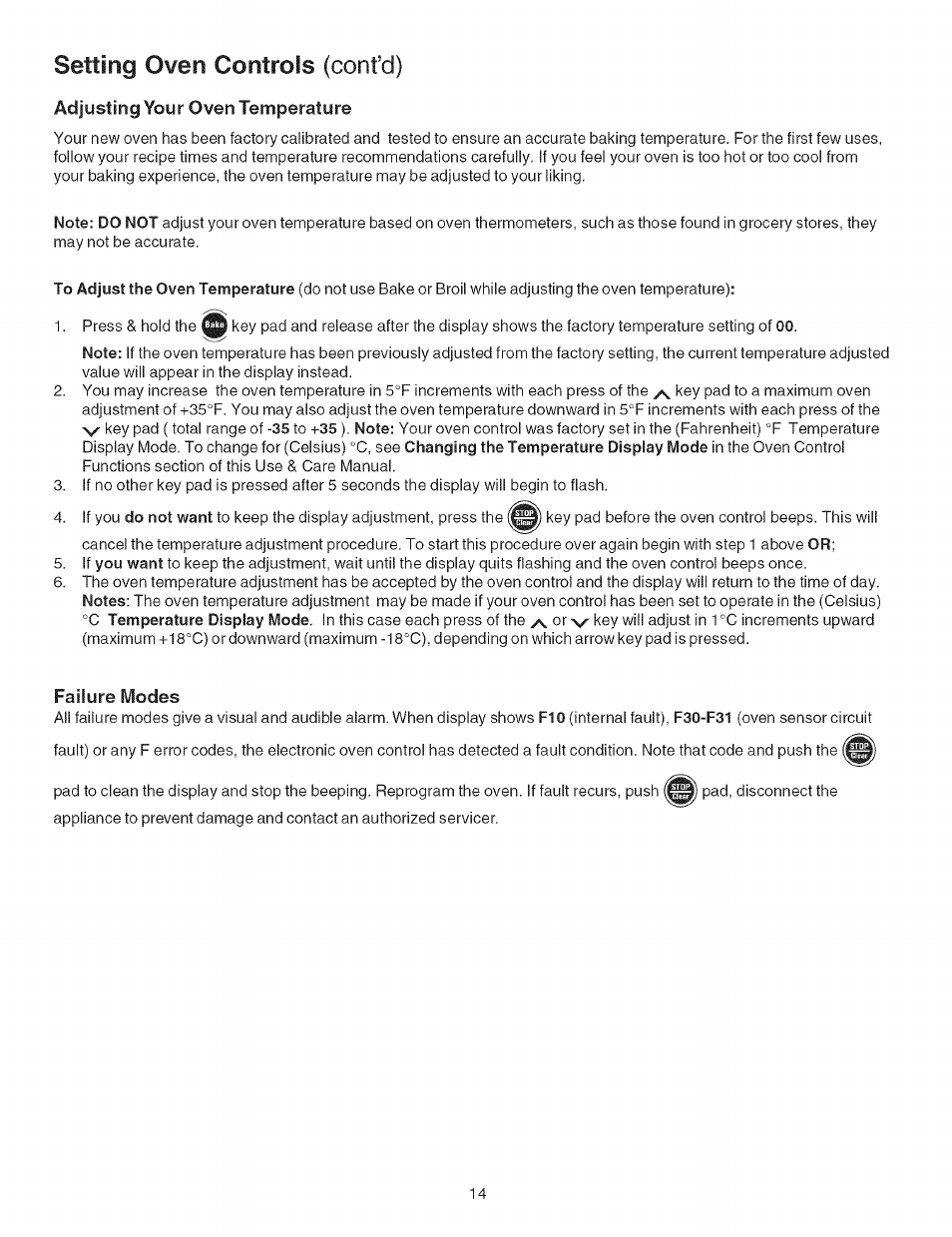 Adjusting your oven temperature, Failure modes, Setting oven controls (cont’d) | Kenmore 790.4626 User Manual | Page 14 / 22