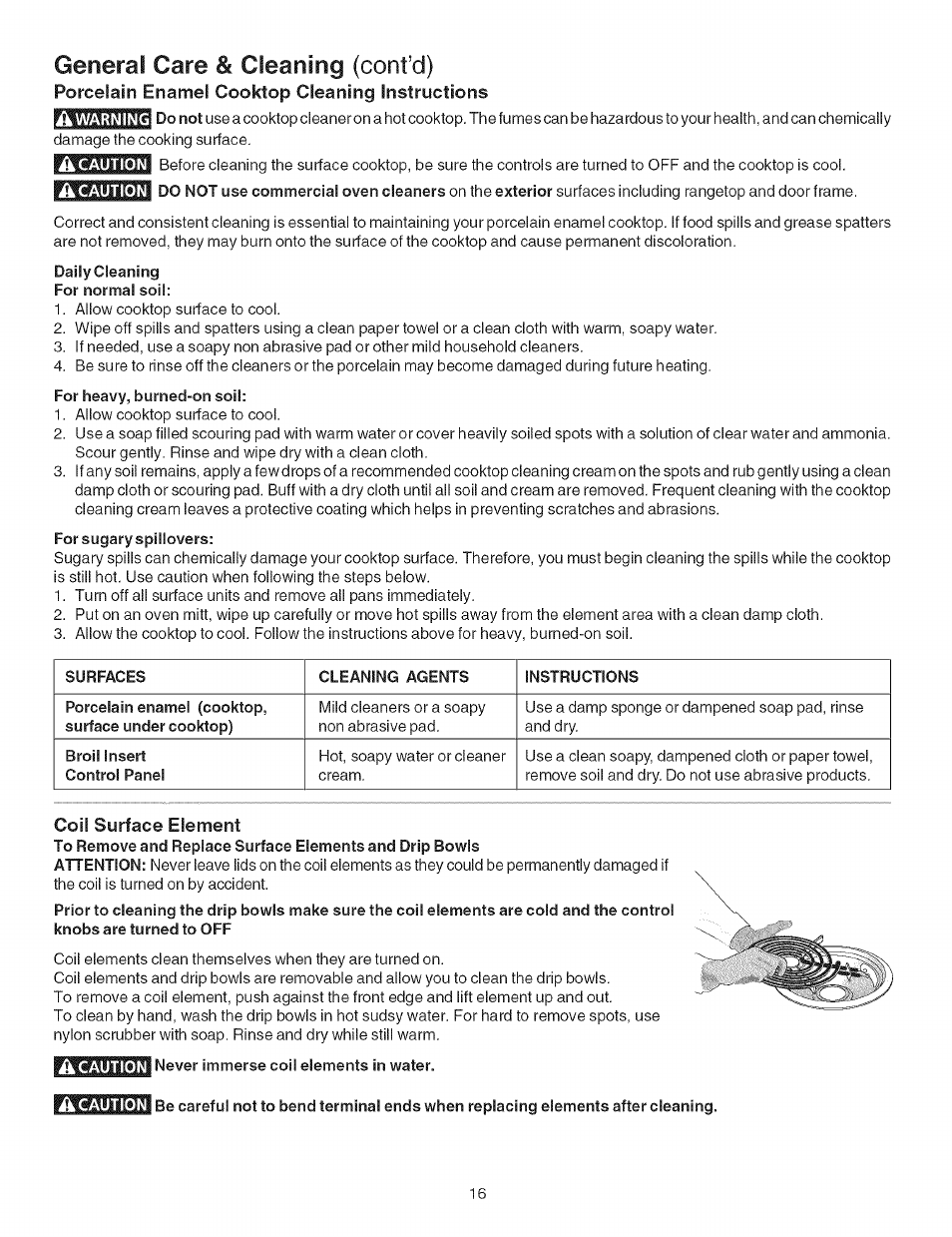 General care & cleaning (confd), Porcelain enamel cooktop cleaning instructions, Coil surface element | General care & cleaning -19 | Kenmore 790.4626 User Manual | Page 16 / 22