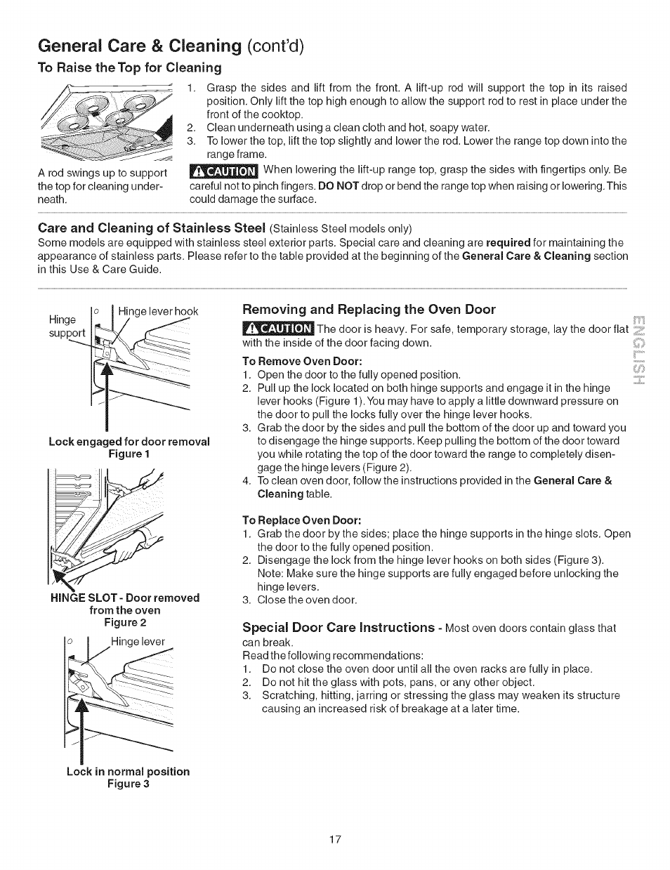 General care & cleaning (confd), To raise the top for cleaning, Removing and replacing the oven door | Kenmore 790.4626 User Manual | Page 17 / 22