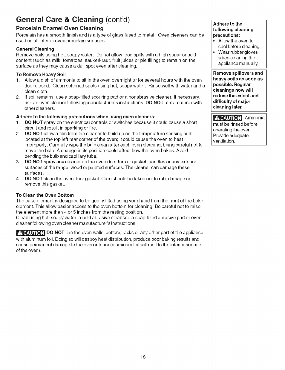 Porcelain enamel oven cleaning, General care & cleaning (confd) | Kenmore 790.4626 User Manual | Page 18 / 22