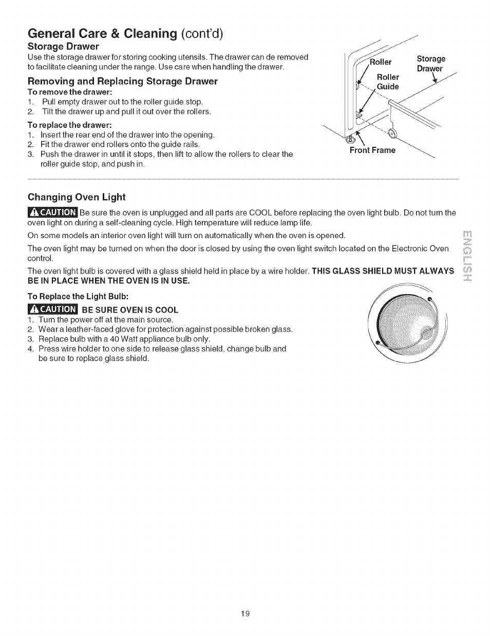 Storage drawer, Removing and replacing storage drawer, Changing oven light | General care & cleaning (confcl) | Kenmore 790.4626 User Manual | Page 19 / 22