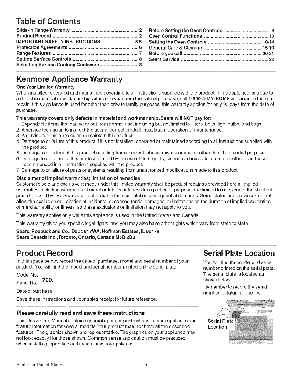 Kenmore 790.4626 User Manual | Page 2 / 22