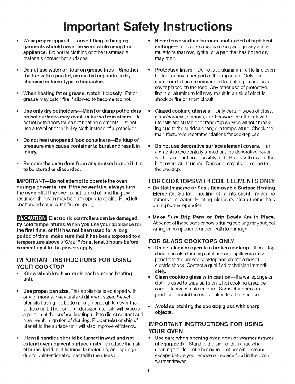 Important instructions for using your cooktop, For cooktops with coil elements only, For glass cooktops only | Important instructions for using your oven, Important safety instructions | Kenmore 790.4626 User Manual | Page 4 / 22