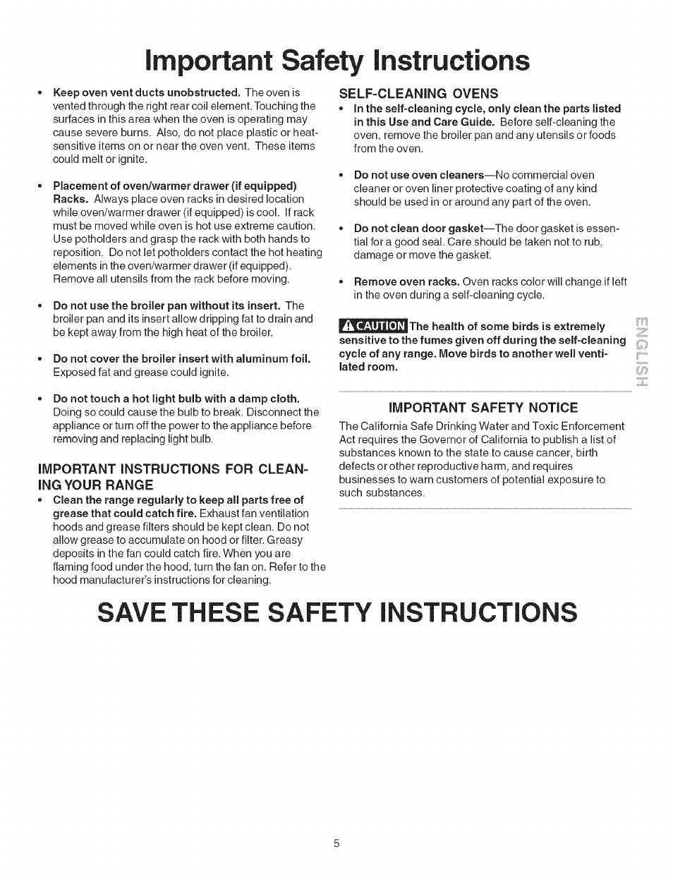 Important instructions for cleaning your range, Self-cleaning ovens, Important safety notice | Save these safety instructions, Important safety instructions | Kenmore 790.4626 User Manual | Page 5 / 22