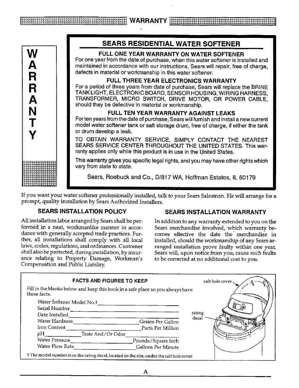 Sears residential water softener, Full one year warranty on water softener, Full three year electronics warranty | Full ten year warranty against leaks, Sears installation policy, Sears installation warranty | Kenmore ULTRASOFT 400 625.38845 User Manual | Page 2 / 36