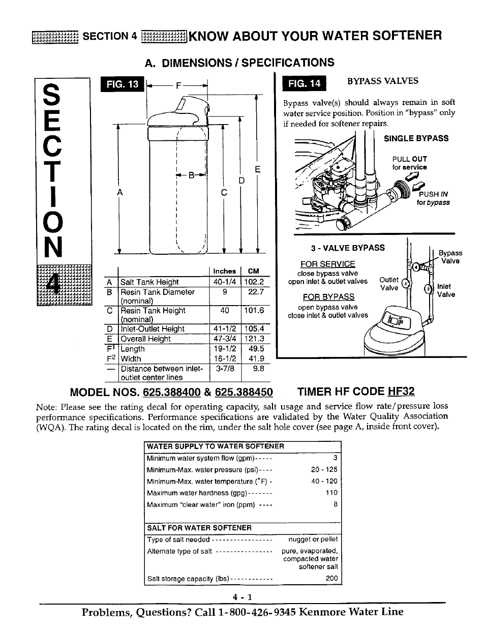 A. dimensions/specifications, Fig. 14, Single bypass | 3 - valve bypass, Ec t i, Know about your water softener | Kenmore ULTRASOFT 400 625.38845 User Manual | Page 20 / 36