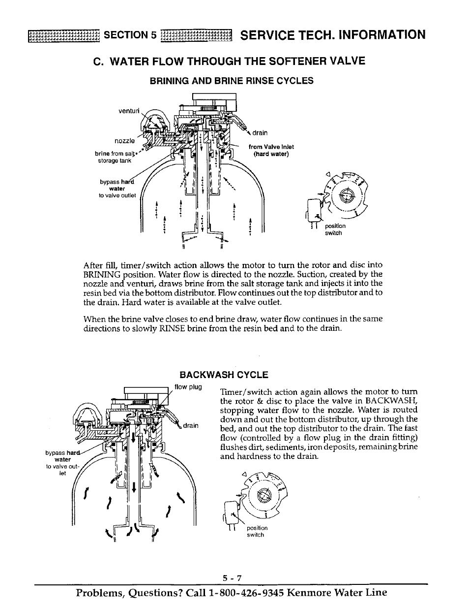 C. water flow through the softener valve, Brining and brine rinse cycles, Backwash cycle | I service tech. information | Kenmore ULTRASOFT 400 625.38845 User Manual | Page 28 / 36