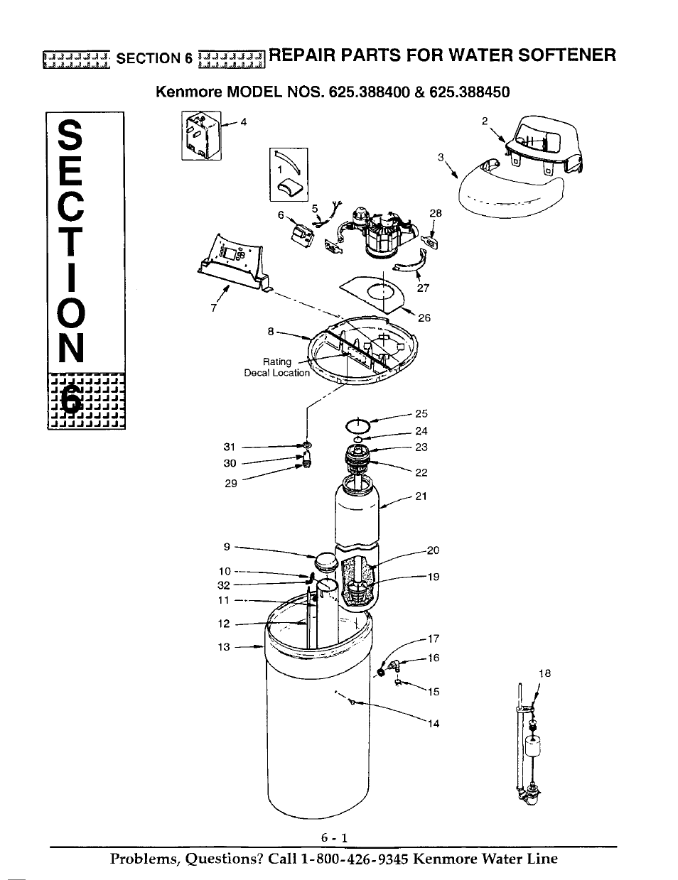 Kenmore model nos. 625.388400 & 625.388450, Repair parts for water softener | Kenmore ULTRASOFT 400 625.38845 User Manual | Page 30 / 36