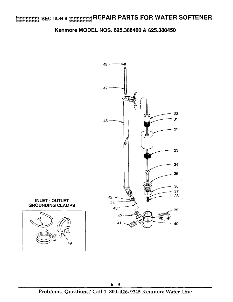 Kenmore model nos. 625.388400 & 625.388450, Repair parts for water softener | Kenmore ULTRASOFT 400 625.38845 User Manual | Page 32 / 36