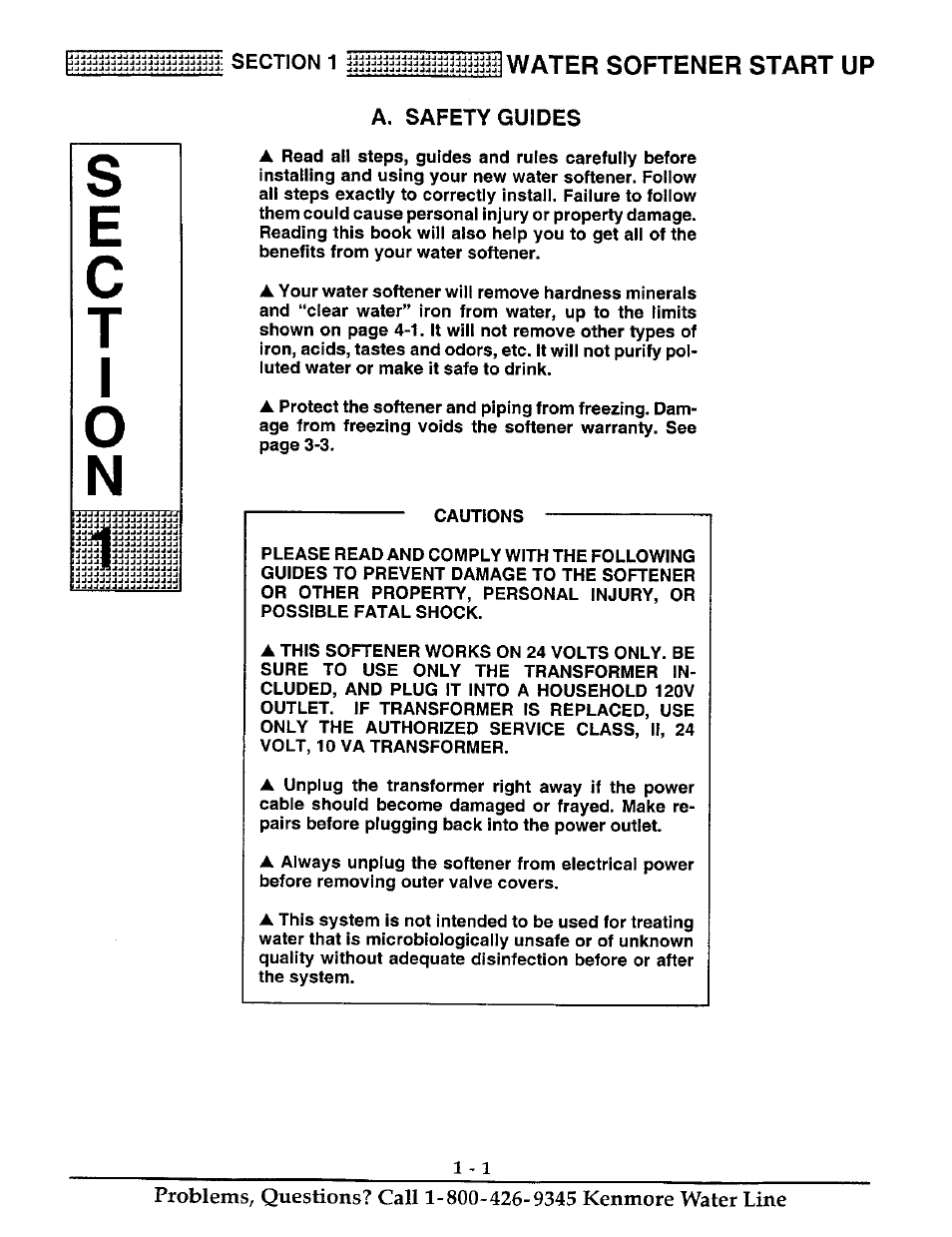 A. safety guides, Se c t i, Water softener start up | Kenmore ULTRASOFT 400 625.38845 User Manual | Page 4 / 36