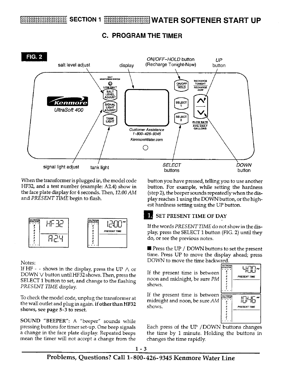 C. program the timer, Water softener start up | Kenmore ULTRASOFT 400 625.38845 User Manual | Page 6 / 36